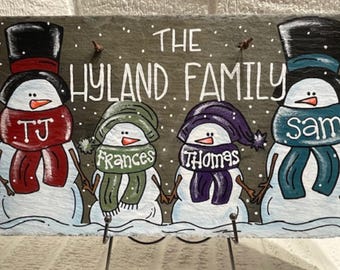 Custom Snowman Family Slate Sign, Hand-Painted Personalized Winter Door Decor, Free Shipping
