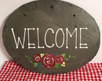 Welcome, slate sign, friendly welcome, slate, flowers
