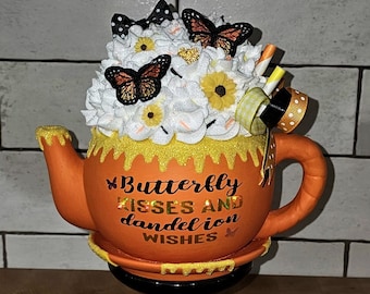 Butterfly Kisses Teapot, Monarch Butterfly, Orange, Tiered Tray Decor, Spring Decor, Summer Decor, Butterfly Gift, Sunflowers, Butterflies