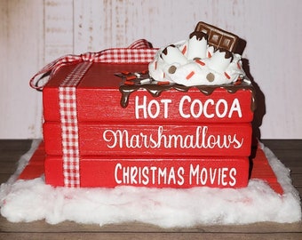 Christmas Mini Wooden Bookstack, Christmas, Christmas Decor, Gift, Hot Cocoa, Marshmallows, Chocolate, Seasonal Holiday, Farmhouse, Holiday