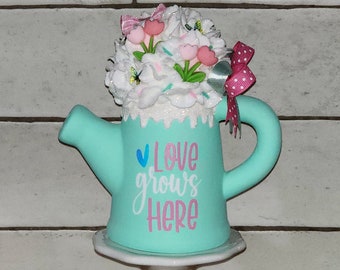 Love Grows Here Watering Can, Tulips, Butterflies, Spring Decor, Summer Decor, Garden. Flowers, Home Decor, Tiered Tray, Flowers, Pink, Mint