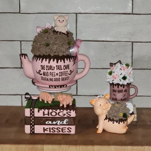 Juego con temática de cerdo, tetera de cerdo, mini taza de cerdo, pila de libros de cerdo, estatua de cerdo, bandeja escalonada de granja, decoración de granja, decoración de cafetería, granja de cerdos