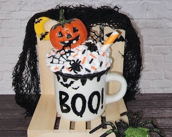 ¡BUUU! Minitaza de Jack-O-Lantern, bandeja escalonada decorativa, regalo de Halloween, decoración de Halloween, crema batida falsa, minitaza, calabaza, chocolate caliente