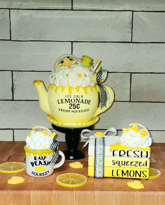 Lemon Themed Set, Easy Peasy, Lemon Squeezy, Lemon Decor, Lemonade Decor, Summer Decor, Gift, Seasonal Decor, Summer Teapot, Bookstack, Mug