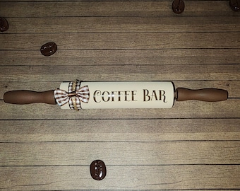 Cafe Au Lait Coffee Themed Mini Rolling Pin, Coffee Bar Decor, Coffee Gift, Tiered Tray Decor, Gift, Coffee, Latte, Espresso, Rise and Grind