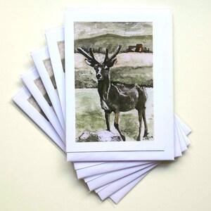 Highland Stag (5 conjuntos) Cartões de felicitações em branco, Glencoe Scottish Scene, Veado da Escócia com chifres da pintura original de Esther Quin