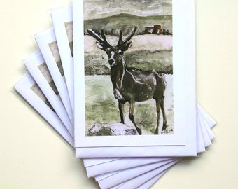 Highland Stag (5 set) Blank Greetings Cards, Glencoe Scottish Scene, Scotland Deer with Antlers from Original Painting by Esther Quin