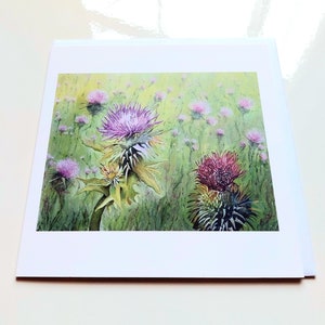 Cartão de saudação em branco Thistle, cartão de flores, cartão de agradecimento, cartão de aniversário, cartão para ela, aniversário escocês, cartão da Escócia, cartão pintado com flores
