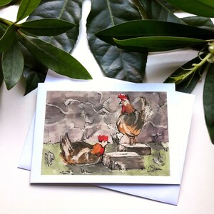 Hühner I,(5er Set)Farmyard Hennen, ländliche Kunst, Blanko Grußkarten, Frühlingsszene nach Original Aquarell, Wachsmalerei, Tuschemalerei von Esther Quin
