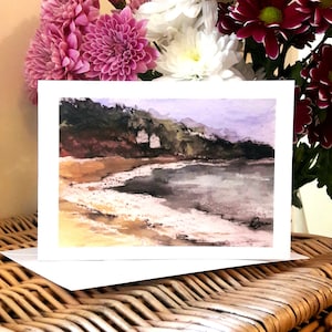 Sandyhills Beach Blank Single Grußkarte, Scottish Sea, Kippford, Rockstifte, Colvend, Original Aquarell von Esther Quin