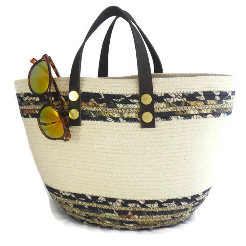 ON SALE Black Brown and Natural Coiled Fabric Tote Purse Shopping Tote ships free! Travel Carryon Beach Bag Tablet Tote