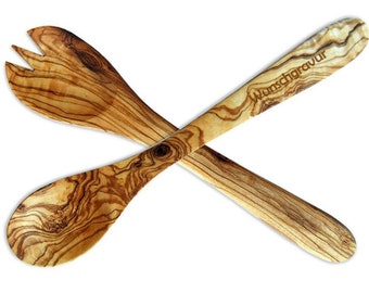 Salad servers with engraving, made of olive wood, approx. 36 cm / 14.2 inches length