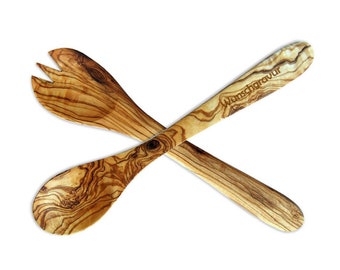 Salad servers with engraving made of olive wood, 30 cm / 11.8 inches length