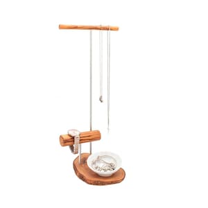 Jewelery stand ALMA with 2 rods and porcelain bowl for small items, olive wood