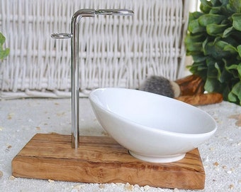 Shaving stand and shaving brush holder KLASSIK PLUS made of olive wood with inclined porcelain bowl