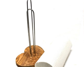 Kitchen roll holder DESIGN in heart shape made of olive wood