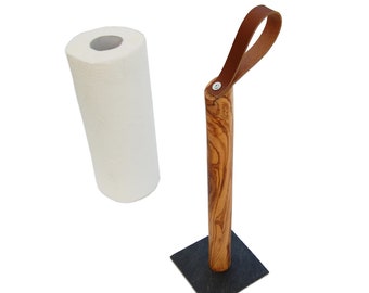 Kitchen roll holder GALAXY made of olive wood with leather handle