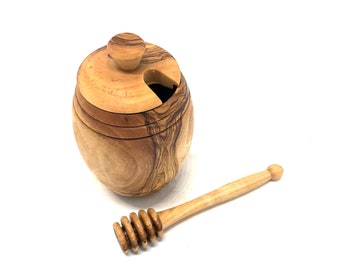 Pot à miel en bois d'olivier avec cuillère à miel d'environ 14 cm