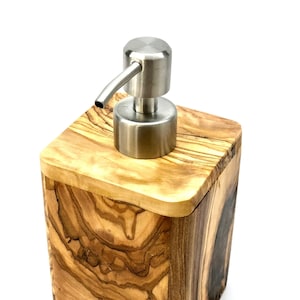 Soap dispenser ENJOY with pumping station made of stainless steel, olive wood