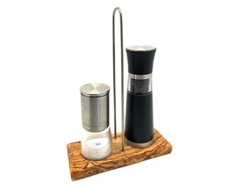 Coaster DUO with carrying handle for salt and pepper mill made of olive wood