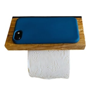 Portarotolo con ripiano per cellulare MAINZ in legno d&#39;ulivo, portarotolo da incollare, non è necessario forare, ripiano per bicchieri, salviette umidificate