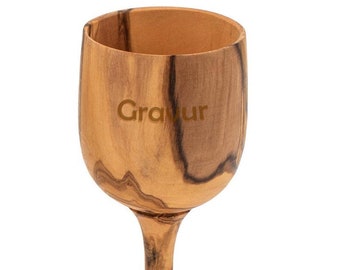 Engraved Wine goblet VINO made of olive wood, stemmed glass, enjoy, wine connoisseur