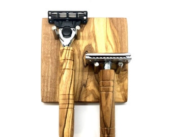 Double wet razor holder suitable for almost all common types, including safety razors, olive wood