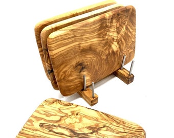Olive Wood Cutting Board Holder, Solid Wood Rack for up to 4 Boards