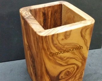 Toothbrush holder / cup SQUARE with engraving made of olive wood