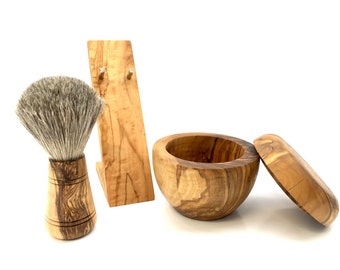 Shaving brush, shaving bowl and holder for razor made of olive wood