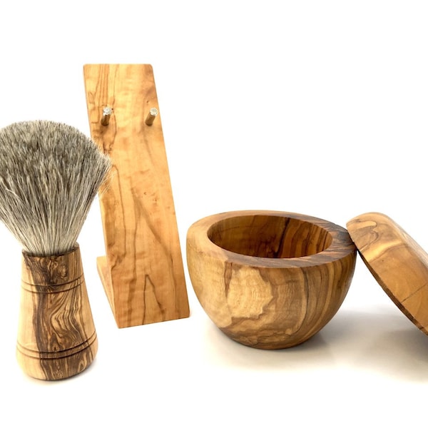 Shaving brush, shaving bowl and holder for razor made of olive wood