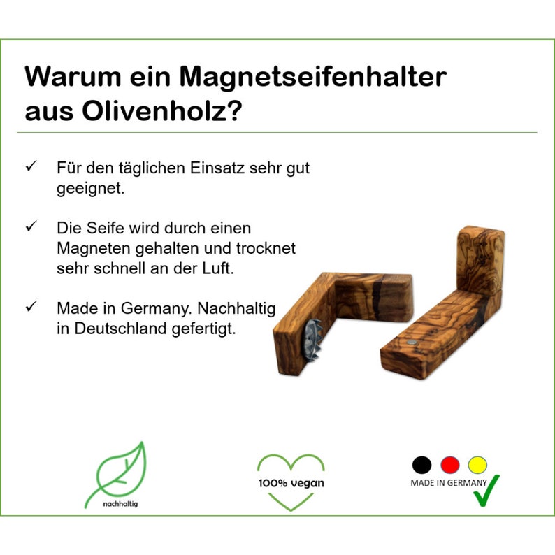 Puede incluir: Un portajab&oacute;n de madera con un im&aacute;n para mantener el jab&oacute;n en su lugar. El portajab&oacute;n est&aacute; hecho de madera de olivo y est&aacute; etiquetado como "Made in Germany". El texto "100% vegano" y "nachhaltig" tambi&eacute;n son visibles en la imagen.