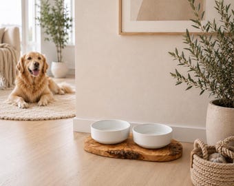 Comedero pequeño para perros fabricado en madera de olivo, con 2 cuencos de porcelana de 0,4 L, apto para perros y gatos.