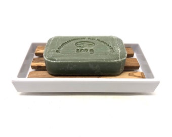 Grand porte-savon en mélamine blanche avec incrustation en bois d'olivier