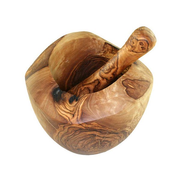 Mortero rústico (aprox. Ø 12 cm) con maja, hecho de madera de olivo.