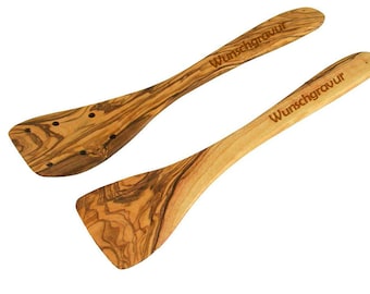 2x spatula DUO with engraving (without / with holes) made of olive wood