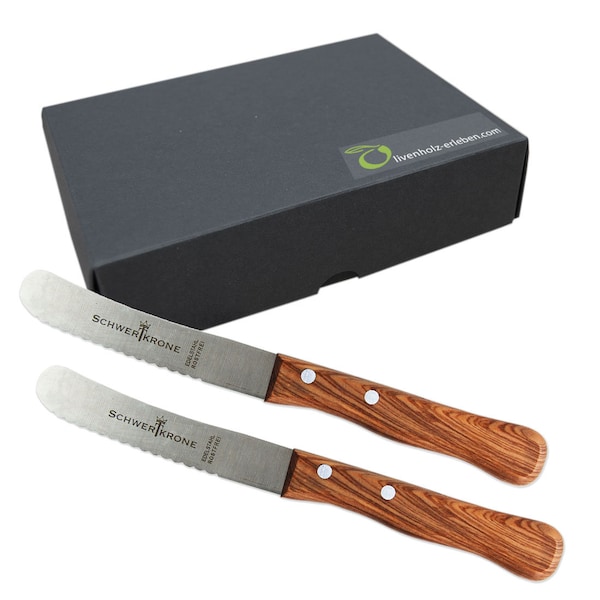 Set of 2 Smaller bread knifes for buns with olive wood handle in gift box