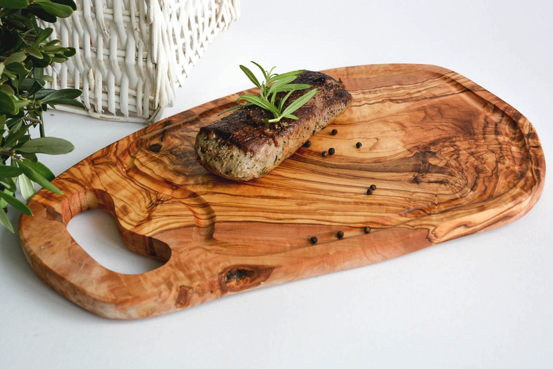 Planche à Steak Naturel | L Env. 36 - 39 cm avec Manchette & Rille