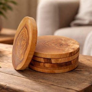 Olivenholz Untersetzer 4er Set, runde Glasuntersetzer aus Holz, handgefertigt