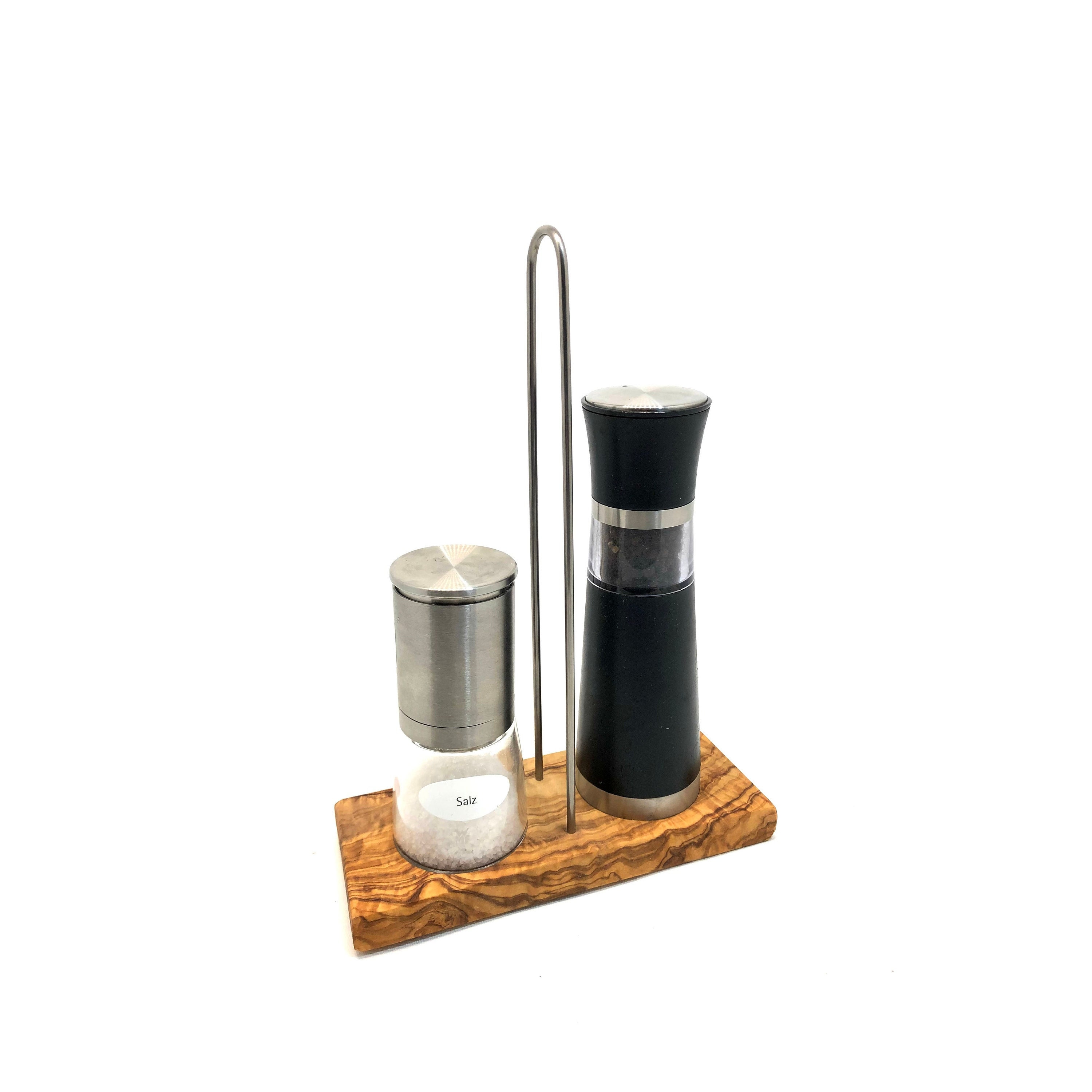 Coaster DUO with carrying handle for salt and pepper mill made of olive wood