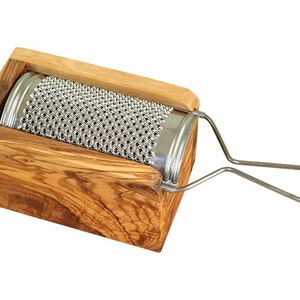 Stainless steel Parmesan / cheese grater BIG with box made of olive wood