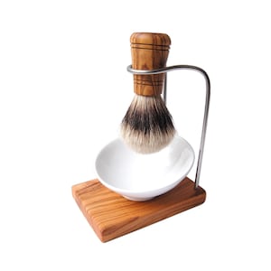 Shaving brush holder DESIGN PLUS incl. shaving brush made of badger hair and inclined porcelain bowl