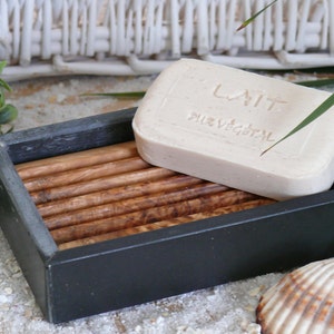 Soap dish made of slate with olive wood inlay