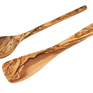 Set of two with engraving: Olive wood spoon and spatula (each approx. 30 cm / 11.8 inches)