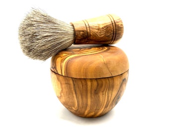 Set of 2 – shaving brush SIR GEORGE badger hair & shaving pot with lid made of olive wood