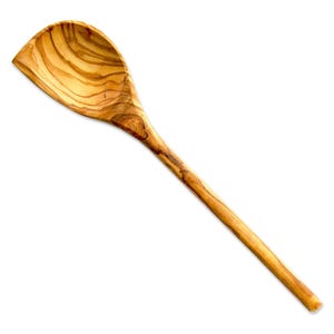 May include: A long, wooden spoon with a curved, spoon-shaped head. The spoon is made of olive wood and has a natural, light brown color with dark brown grain patterns.
