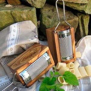 Stainless steel Parmesan / cheese grater SMALL with box made of  olive wood