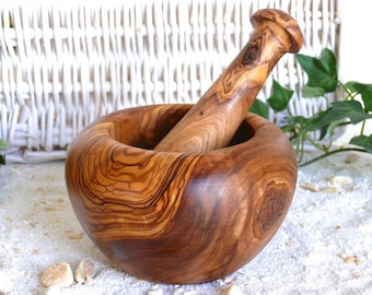 Mortar ROUND approx. Ø 14 cm / 5.5 inches incl. pestle, made of olive wood