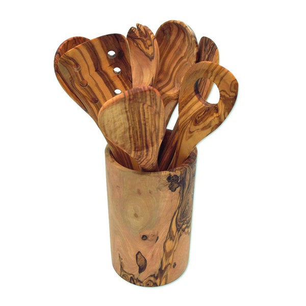 Set of 7 wooden spoons in a round utensil mug made of olive wood