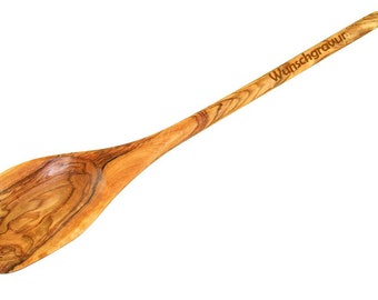 Cooking spoon with edge and engraving made of olive wood, approx. 30 cm / 11.8 inches
